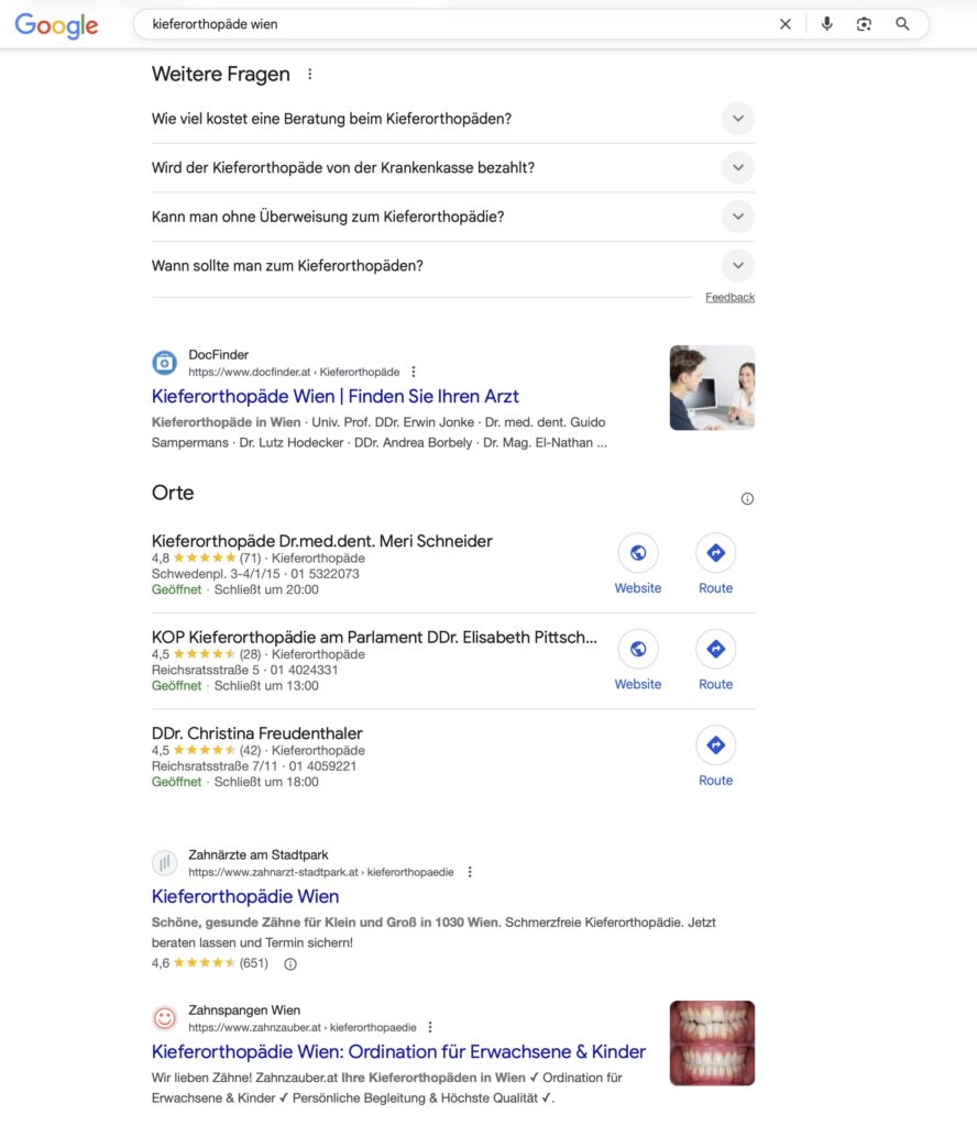 Suchanfrage nach dem beliebten Keyword "Kieferorthopäde Wien" - Google.at